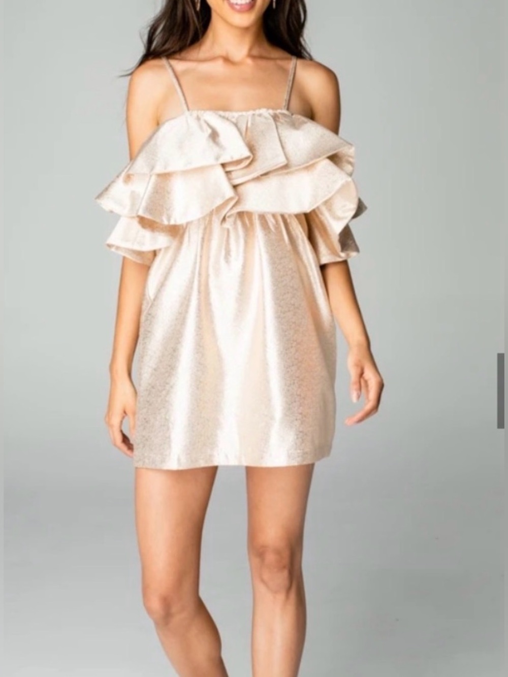 Buddy Love Metallic Champagne Nude Ruffle Mini Dress